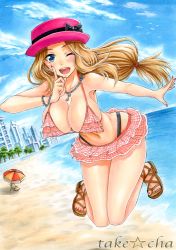 Rule 34 | 10s, 1girl, ;d, armpits, artist name, bare arms, bare legs, bare shoulders, beach, beach chair, beach umbrella, bikini, bikini skirt, blue eyes, blush, bow, bracelet, breasts, building, cleavage, cloud, creatures (company), dutch angle, female focus, frilled bikini, frilled skirt, frilled swimsuit, frills, game freak, happy, hat, hat bow, jewelry, jumping, knees together feet apart, large breasts, legs, light brown hair, long hair, looking at viewer, low-tied long hair, marker (medium), musical note, musical note necklace, nail polish, navel, neck, necklace, nintendo, one eye closed, open mouth, pink hat, pokemon, pokemon (anime), pokemon xy, red nails, sand, sandals, serena (pokemon), skirt, sky, smile, solo, star (symbol), swimsuit, takecha, traditional media, tree, umbrella, very long hair, water, wink
