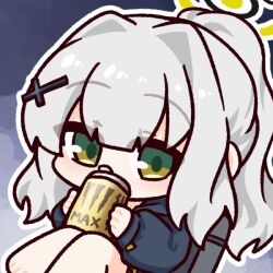 Rule 34 | 1girl, black hoodie, blue archive, blue background, concha (mamecha), energy drink, green eyes, grey hair, halo, hare (blue archive), hood, hoodie, ponytail, simple background, solo, thighs