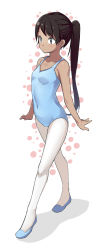 Rule 34 | 1girl, bare arms, bare shoulders, black eyes, black hair, blue footwear, blue leotard, breasts, collarbone, commentary request, covered navel, dark-skinned female, dark skin, dot mouth, full body, leotard, long hair, looking away, original, pantyhose, ponytail, saiste, shoes, simple background, small breasts, solo, white background, white pantyhose