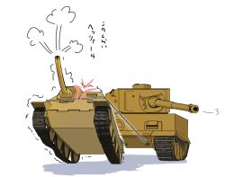 Rule 34 | 10s, anger vein, check commentary, commentary request, girls und panzer, highres, jagdpanzer 38(t), jinguu (4839ms), military, military vehicle, motor vehicle, no humans, personification, pulling, shadow, sigh, simple background, tank, tiger i, trembling, vehicle focus, white background
