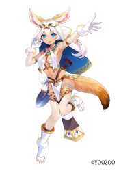 Rule 34 | 1girl, animal ears, arm up, armpits, blue eyes, choker, collar, emerane, fina (pride of eden), fox ears, fox girl, fox tail, full body, gloves, gold trim, hand up, leg up, looking at viewer, midriff, navel, official art, open mouth, outstretched arm, paw shoes, pelvic curtain, red: pride of eden, revealing clothes, shoes, short hair, simple background, smile, solo, stomach, tail, tattoo, thighhighs, thighs, veil, white background, white gloves, white hair, white thighhighs