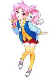 Rule 34 | 1girl, 1other, animal, animal on shoulder, artemis (sailor moon), bishoujo senshi sailor moon, cat, cat on shoulder, chibi usa, crepe, food, full body, green eyes, highres, jacket, letterman jacket, long hair, looking at viewer, pink hair, pita (ppp), red shorts, shoes, shorts, simple background, sneakers, standing, thighhighs, twintails, white background, white cat, yellow thighhighs