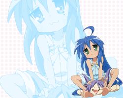 Rule 34 | 00s, 1girl, :3, ahoge, barefoot, blue hair, doll, female focus, green eyes, izumi konata, long hair, lucky star, mole, mole under eye, naked overalls, non-web source, overall shorts, overalls, solo, wallpaper, zoom layer