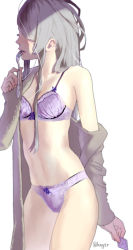 Rule 34 | 1girl, artist name, bra, breasts, condom, fork, haiyore! nyaruko-san, kango tarou, lingerie, long hair, mouth hold, navel, nyarlathotep (nyaruko-san), open clothes, open shirt, panties, shirt, silver hair, simple background, small breasts, solo, underwear, underwear only, undressing, white background