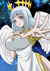 Rule 34 | 1girl, absurdres, bare shoulders, blue eyes, blue hair, breasts, cleavage, cleavage cutout, clothing cutout, collar, commentary request, dress, feathered wings, feathers, fingernails, gold collar, halo, hand on own chest, highres, hip vent, impossible clothes, large breasts, long fingernails, looking at viewer, medium hair, multicolored eyes, night, night sky, outdoors, purple eyes, ragna crimson, reaching, reaching towards viewer, sky, smile, solo, star (sky), starry sky, ultimatia (ragna crimson), wa muhamu, white dress, white feathers, white wings, wings, yellow halo