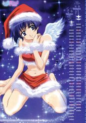 Rule 34 | 1girl, ai yori aoshi, angel wings, artist request, barefoot, blue eyes, blue hair, breasts, calendar, christmas, december, earrings, feet, female focus, fur-trimmed headwear, fur-trimmed shirt, fur-trimmed skirt, fur trim, hat, highres, jewelry, looking at viewer, midriff, navel, november, pom pom (clothes), red hat, red shirt, red skirt, sakuraba aoi, santa costume, santa hat, shirt, short hair, skirt, smile, snow, solo, sparkle, wings