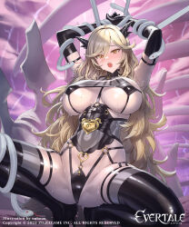 Rule 34 | 1girl, animal, armpits, arms up, artist name, blonde hair, blush, boots, breasts, commentary request, company connection, company name, copyright name, cuboon, elbow gloves, evertale, garter straps, gloves, high heel boots, high heels, highres, horns, large breasts, leotard, lips, lock, logo, loki (evertale), long hair, o-ring, o-ring leotard, official art, open mouth, padlock, pale skin, restrained, revealing clothes, see-through, shiny clothes, shiny skin, simple background, snake, solo, spread legs, squatting, sweat, sweatdrop, thigh boots, thighs, underboob, yellow eyes, zipper, zipper pull tab