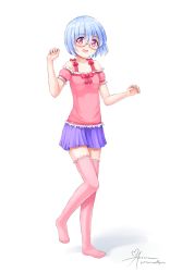 Rule 34 | 1girl, aposine, artist name, blue hair, blue skirt, breasts, collarbone, commentary, glasses, highres, no shoes, open mouth, original, pink eyes, pink shirt, pink thighhighs, shirt, simple background, skirt, small breasts, smile, solo, thighhighs, white background, zettai ryouiki