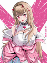 Rule 34 | 1girl, absurdres, artist name, bare shoulders, black collar, breasts, choker, cleavage, collar, crop top, earrings, goddess of victory: nikke, hair intakes, heart collar, highres, holographic clothing, horns, jacket, jewelry, large breasts, light brown hair, long hair, mask, mask pull, mirai [art], mouth mask, off-shoulder jacket, off shoulder, pink eyes, pink horns, pink jacket, pleated skirt, sidelocks, skirt, solo, tongue, tongue out, viper (nikke), zipper, zipper pull tab