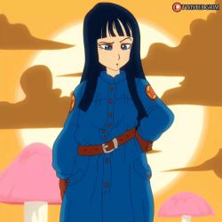 Rule 34 | 1girl, animated, animated gif, black hair, blue eyes, bra, breasts, dragon ball, exhibitionism, female focus, legs, lingerie, long coat, long hair, looking at viewer, mai (dragon ball), navel, outdoors, panties, public indecency, solo, standing, sun, thighs, twistedgrim, underwear, undressing