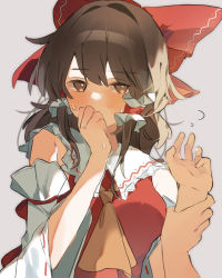 Rule 34 | 1boy, 1girl, ascot, blush, bow, breasts, brown eyes, brown hair, collar, collared dress, detached sleeves, dress, eyes visible through hair, flying sweatdrops, grey background, hair between eyes, hair ornament, hair tubes, hakurei reimu, hands up, hetero, higa (gominami), highres, holding another&#039;s wrist, long sleeves, looking to the side, medium breasts, red bow, red dress, ribbon-trimmed sleeves, ribbon trim, short hair, simple background, solo focus, sweatdrop, touhou, wide sleeves, yellow ascot