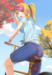 Rule 34 | 10s, 1girl, :d, absurdres, ass, autumn leaves, ayase eli, bicycle, bike shorts, blonde hair, blue eyes, blue shirt, breasts, from behind, highres, kitazawa (embers), large breasts, looking back, love live!, love live! school idol festival, love live! school idol project, open mouth, ponytail, riding, scrunchie, shirt, smile, solo, t-shirt, tied shirt, visor cap, wristband