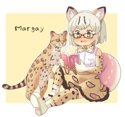 Rule 34 | 10s, 1girl, :d, animal, animal ears, bad id, bad pixiv id, cat ears, character name, glasses, heart, high-waist skirt, highres, kemono friends, margay, margay (kemono friends), margay print, open mouth, pozesuke, reading, short hair, sitting, skirt, smile, solo, tail, thighhighs, yellow eyes