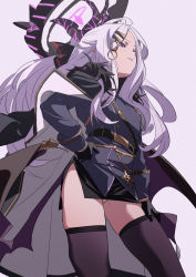Rule 34 | 1girl, belt, black gloves, black thighhighs, blue archive, blush, breasts, buttons, coat, double-breasted, fu-ta, fur trim, gloves, hair ornament, halo, hand on own hip, highres, hina (blue archive), horns, long hair, panties, pantyshot, pencil skirt, purple eyes, purple hair, skirt, small breasts, solo, thighhighs, underwear, very long hair, white panties