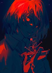 Rule 34 | 1boy, absurdres, akechi gorou, btmr game, closed mouth, hair between eyes, highres, holding, limited palette, looking at viewer, male focus, nail, persona, persona 5, signature, simple background, solo, upper body, voodoo doll