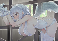 Rule 34 | 1girl, alternate costume, ass, bare arms, bare shoulders, bent over, braid, breasts, brown eyes, butt crack, corset, feathered wings, garter straps, gloves, gunnjou yosio, hanging breasts, highres, indoors, kishin sagume, large breasts, medium hair, panties, single wing, solo, standing, thighhighs, touhou, underwear, white gloves, white hair, white panties, white thighhighs, wings