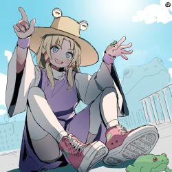 Rule 34 | 1girl, :d, animal, armband, blonde hair, blouse, blue eyes, circle a, cityscape, cloud, commentary, dress, english commentary, frog, full body, hair ribbon, hands up, hat, knees up, long sleeves, medium hair, moriya suwako, open mouth, oversized animal, parted bangs, pointing, purple dress, purple wristband, red footwear, red ribbon, ribbon, shirt, shoes, signature, sitting, skirt, skirt set, smile, sneakers, solo, sunlight, teeth, thighhighs, touhou, upper teeth only, white shirt, white thighhighs, wide sleeves, wristband