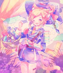 Rule 34 | 10s, 1boy, ;d, animal ears, armor, basket, brown eyes, brown hair, candy, cat boy, cat ears, cat tail, character doll, cloud, cross, curtains, food, hair ornament, hairclip, halloween, hat, houchou toushirou, japanese armor, kemonomimi mode, lollipop, male focus, military, military uniform, necktie, one eye closed, open mouth, shorts, shoulder armor, smile, sode, tail, touken ranbu, uniform, witch hat, yamato-no-kami yasusada, zippo (3756c)