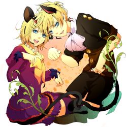 Rule 34 | 1boy, 1girl, absurdres, animal ears, blonde hair, blue eyes, brother and sister, cat ears, cat tail, domco, dress, fingernails, hair ornament, hairclip, headset, highres, jewelry, kagamine len, kagamine rin, long fingernails, long sleeves, nail polish, open mouth, purple thighhighs, ring, short sleeves, shorts, siblings, tail, thighhighs, twins, vocaloid