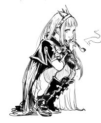 Rule 34 | 10s, 1girl, boots, bracer, cagliostro (granblue fantasy), crown, full body, granblue fantasy, greyscale, highres, holding, holding smoking pipe, long hair, looking at viewer, monochrome, osakana (denpa yun&#039;yun), simple background, smile, smoke, smoking pipe, solo, squatting, thighhighs, white background