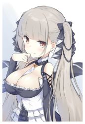 Rule 34 | 1girl, azur lane, between breasts, black dress, bow, breasts, cleavage, clothing cutout, commentary request, detached collar, dress, formidable (azur lane), frilled dress, frills, grey hair, hair bow, hand up, highres, large breasts, long hair, looking at viewer, mimura zaja, red eyes, shoulder cutout, sketch, smile, solo, twintails, upper body