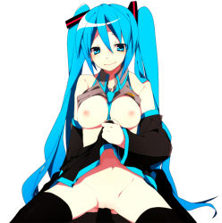 Rule 34 | 1girl, aqua eyes, aqua hair, bad id, bad pixiv id, bare shoulders, breasts, clothes lift, detached sleeves, hatsune miku, long hair, looking at viewer, medium breasts, necktie, nipples, no panties, sc69, simple background, skirt, skirt lift, smile, solo, thighhighs, twintails, very long hair, vocaloid