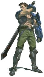 Rule 34 | 1boy, arm guards, arngrim, holding behind back, belt, boots, full body, greatsword, holding, holding sword, holding weapon, knee boots, male focus, muscular, official art, pants, short hair, shoulder pads, simple background, sleeveless, solo, standing, sword, valkyrie profile (series), vest, weapon, white background, yoshinari kou, yoshinari you