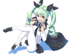Rule 34 | 10s, 1girl, absurdres, anchovy (girls und panzer), anzio school uniform, belt, black belt, black cape, black footwear, black necktie, black ribbon, black skirt, cape, commentary, dress shirt, drill hair, emblem, full body, girls und panzer, green hair, hair ribbon, highres, joker (tomakin524), legs up, loafers, long hair, long sleeves, looking at viewer, miniskirt, necktie, open mouth, pantyhose, pleated skirt, red eyes, ribbon, riding crop, school uniform, shadow, shirt, shoes, simple background, sitting, skirt, smile, solo, twin drills, twintails, v-shaped eyebrows, white background, white pantyhose, white shirt