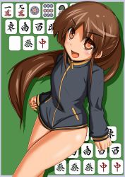 Rule 34 | 1girl, bare legs, female focus, jacket, long sleeves, naked jacket, saki (manga), solo, takakamo shizuno, track jacket