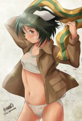 Rule 34 | 1girl, animal ears, artist name, bandaid, bandaid on face, black eyes, black hair, bra, brave witches, brown jacket, dog ears, haruhata mutsuki, holding, holding clothes, holding scarf, jacket, kanno naoe, looking at viewer, navel, no pants, open clothes, open jacket, open shirt, panties, scarf, see-through, shirt, signature, solo, sports bra, standing, striped clothes, striped scarf, twitter username, underwear, unworn scarf, wet, wet bra, wet clothes, wet panties, white background, white bra, white panties, world witches series