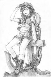 Rule 34 | 1girl, adjusting clothes, adjusting headwear, anchor, arm support, boots, cross-laced footwear, greyscale, hat, highres, kneehighs, leaning, matumasima, midriff, monochrome, murasa minamitsu, navel, open mouth, sailor, sailor collar, short hair, shorts, smile, socks, solo, standing, touhou