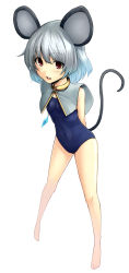 Rule 34 | 1girl, animal ears, arms behind back, barefoot, blue hair, capelet, female focus, full body, gradient hair, grey hair, hiroya juuren, jewelry, looking at viewer, mouse ears, mouse tail, multicolored hair, nazrin, one-piece swimsuit, open mouth, pendant, perspective, red eyes, short hair, simple background, smile, solo, standing, staring, swimsuit, tail, touhou