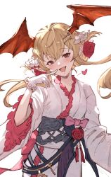Rule 34 | 1girl, ayacho, bat wings, blonde hair, fang, finger to mouth, flower, frilled skirt, frills, gloves, granblue fantasy, head wings, highres, japanese clothes, kimono, long hair, open mouth, pointy ears, red eyes, red flower, red rose, red wings, rose, skirt, smile, solo, vampire, vampy, vampy (yukata) (granblue fantasy), white gloves, wings, yukata