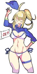 Rule 34 | 1girl, ahoge, artoria pendragon (fate), bad id, bad twitter id, baseball cap, bikini, blonde hair, blue hat, blue jacket, blue trim, breasts, closed eyes, cropped jacket, english text, enpe, fate/grand order, fate (series), gluteal fold, hair ornament, hair scrunchie, hat, highres, jacket, large breasts, mysterious heroine x (fate), mysterious heroine xx (fate), navel, open clothes, open jacket, open mouth, ponytail, scrunchie, side-tie bikini bottom, skindentation, solo, swimsuit, teeth, thigh strap, thighs, throwing hat, upper body, upper teeth only, white background