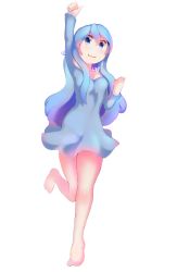 Rule 34 | 1girl, :3, absurdres, arm up, bare shoulders, barefoot, blue dress, blue eyes, blue hair, closed mouth, dress, female focus, full body, hair between eyes, highres, kalia3see, leg up, long hair, looking at viewer, lost girl (terraria), solo, standing, standing on one leg, terraria, thumbs up, white background