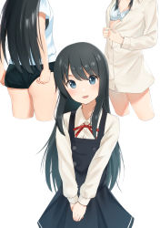Rule 34 | 1girl, absurdres, asashio (kancolle), asashio kai ni (kancolle), ass, black dress, black hair, black shorts, blue bra, blue eyes, bra, breasts, buttons, dress, dress shirt, highres, kantai collection, long hair, no pants, open clothes, open shirt, own hands together, pinafore dress, school uniform, shirt, short shorts, shorts, shorts tug, simple background, sleeveless dress, small breasts, smile, solo, thighs, tsunenorip, unbuttoned, underwear, undressing, v arms, white background, white shirt