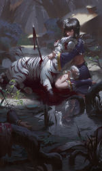 Rule 34 | 1girl, absurdres, arrow (projectile), black hair, blood, blood in mouth, different reflection, dismemberment, glowing, glowing eye, highres, magatama, original, pixiv fantasia, pixiv fantasia t, puddle, rain, reflection, regition, sitting, sword, tiger, water, weapon, white tiger