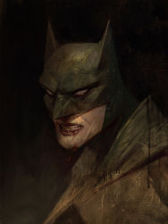 Rule 34 | 1boy, batman, batman (series), betty jiang, black background, bleeding, blood, blood from mouth, blood on face, clenched teeth, dc comics, highres, male focus, mask, painterly, portrait, solo, teeth, upper body