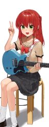 Rule 34 | 1girl, :d, black footwear, black skirt, blush, bocchi the rock!, bow, brown sailor collar, brown shirt, commentary request, electric guitar, green eyes, guitar, hair between eyes, hand up, highres, holding, holding instrument, instrument, kita ikuyo, kosubi (tsuneta328), long hair, looking at viewer, one side up, open mouth, pleated skirt, red bow, red hair, sailor collar, school uniform, serafuku, shirt, shoes, short sleeves, simple background, sitting, skirt, smile, socks, solo, stool, v, white background, white socks