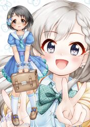 Rule 34 | 2girls, :d, black hair, blue dress, blush, bow, braid, braided bangs, briefcase, brown footwear, collared shirt, commentary request, double v, dress, dress shirt, earrings, floating hair, green bow, grey eyes, grey hair, highres, hisakawa hayate, holding, idolmaster, idolmaster cinderella girls, idolmaster cinderella girls starlight stage, jacket, jewelry, loafers, long hair, multiple girls, open clothes, open jacket, open mouth, outstretched arms, plaid, plaid bow, plaid dress, pleated dress, puffy short sleeves, puffy sleeves, rabbit background, regular mow, sailor collar, sailor dress, sasaki chie, school briefcase, shirt, shoes, short hair, short sleeves, signature, simple background, smile, socks, twitter username, v, very long hair, white background, white sailor collar, white shirt, white socks, wrist cuffs, yellow jacket