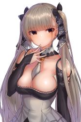 Rule 34 | 1girl, absurdres, azur lane, bad id, bad pixiv id, bare shoulders, between breasts, black dress, blush, breasts, cleavage, dress, formidable (azur lane), frilled dress, frills, grey hair, hair ribbon, hand up, highres, kagi f, large breasts, long hair, long sleeves, looking at viewer, red eyes, ribbon, simple background, solo, twintails, two-tone dress, two-tone ribbon, very long hair, white background