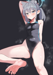 Rule 34 | 1girl, absurdres, animal ears, barefoot, blue archive, blue eyes, blush, feet, grey hair, highres, long hair, looking at viewer, mochini, one-piece swimsuit, ponytail, shiroko (blue archive), shiroko (swimsuit) (blue archive), soles, steam, swimsuit, toes