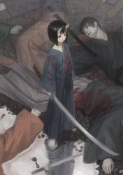Rule 34 | 1girl, barefoot, black eyes, black hair, blood, blood on clothes, blood splatter, blue hakama, blue robe, bob cut, commentary, corpse, death, dot nose, expressionless, from above, hakama, hakama skirt, holding, holding sword, holding weapon, horns, japanese clothes, looking afar, murder, oni, oni horns, ootachi, original, puddle, puffy sleeves, rain, reflection, robe, short hair, skirt, solo, standing, sword, wasabi60, weapon
