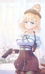 Rule 34 | 1girl, against table, bare shoulders, blonde hair, blue eyes, blush, breasts, bubba (watson amelia), chromatic aberration, collarbone, cowboy shot, deerstalker, detective, dress, ear piercing, grin, gun, hair ornament, handgun, hat, heart, high-waist skirt, highres, hololive, hololive english, holomyth, holster, jewelry, key, key necklace, large breasts, looking at viewer, monkey1468, necklace, pantyhose, piercing, pistol, skirt, smile, solo, standing, thigh gap, virtual youtuber, watson amelia, weapon, zipper, zipper pull tab