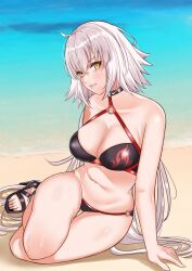 Rule 34 | 1girl, absurdres, ahoge, arm support, bikini, breasts, cleavage, crossed bangs, day, fate/grand order, fate (series), grey hair, hair between eyes, high heels, highres, jeanne d&#039;arc alter (fate), jeanne d&#039;arc alter (swimsuit berserker) (fate), large breasts, light blush, long hair, looking at viewer, ocean, outdoors, parted lips, sand, sandals, smile, solo, strappy heels, swimsuit, thigh gap, thighs, toes, tomotomow00w, very long hair, water, white hair, yellow eyes