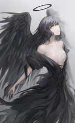 Rule 34 | 1girl, absurdres, black dress, black hair, black nails, black wings, blurry, blurry background, breasts, commentary request, depth of field, dress, feathered wings, fingernails, green eyes, grey background, grey hair, hair between eyes, halo, highres, kisei2, long fingernails, looking away, medium breasts, nail polish, off shoulder, original, red nails, sharp fingernails, simple background, solo, wings