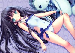 Rule 34 | 1girl, absurdres, black hair, casual one-piece swimsuit, clothing cutout, covered navel, criss-cross halter, floral print, frilled swimsuit, frills, green eyes, hairband, halterneck, highres, huge filesize, lolita hairband, long hair, one-piece swimsuit, print ribbon, ribbon, scan, side-tie swimsuit, side cutout, solo, stuffed animal, stuffed rabbit, stuffed toy, swimsuit, tinker bell (pixiv 10956015), very long hair