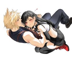 Rule 34 | 1boy, 1girl, baggy pants, bare arms, bare shoulders, black footwear, black gloves, black hair, black skirt, black sports bra, black thighhighs, blonde hair, blue eyes, blue pants, blue sweater, blush, boots, closed mouth, cloud strife, commentary, couple, crop top, duoj ji, earrings, elbow gloves, final fantasy, final fantasy vii, final fantasy vii remake, fingerless gloves, full body, gloves, hair behind ear, hand in another&#039;s hair, hands on another&#039;s stomach, heart, highres, jewelry, light blush, long hair, looking at another, lying, midriff, on back, pants, red eyes, red footwear, ribbed sweater, seiza, single earring, sitting, skirt, sleeveless, sleeveless turtleneck, smile, spiked hair, sports bra, suspender skirt, suspenders, sweater, swept bangs, symbol-only commentary, tank top, teardrop earring, thighhighs, tifa lockhart, turtleneck, turtleneck sweater, twitter username, white background, white tank top, zettai ryouiki
