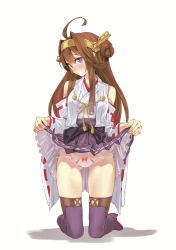 Rule 34 | 1girl, absurdres, ahoge, bare shoulders, blush, bow, bow panties, brown hair, closed mouth, clothes lift, full body, gluteal fold, hair bun, hair ornament, hairband, highres, japanese clothes, kantai collection, kongou (kancolle), lifting own clothes, long hair, looking at viewer, nontraditional miko, panties, purple eyes, scan, shadow, side-tie panties, simple background, single hair bun, skirt, skirt lift, solo, thighhighs, underwear, white background, white panties, wide sleeves, yahako