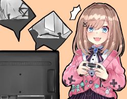 Rule 34 | 1girl, agata (yfw1110), black outline, blue eyes, bow, bowtie, brown hair, cardigan, commentary request, controller, game controller, hair between eyes, hair ornament, highres, holding, holding controller, holding game controller, limbo (game), looking at viewer, medium hair, monitor, nijisanji, open mouth, orange background, outline, pink cardigan, playing games, purple bow, shirt, simple background, skirt, solo, surprised, suzuhara lulu, upper body, virtual youtuber, white shirt, x hair ornament